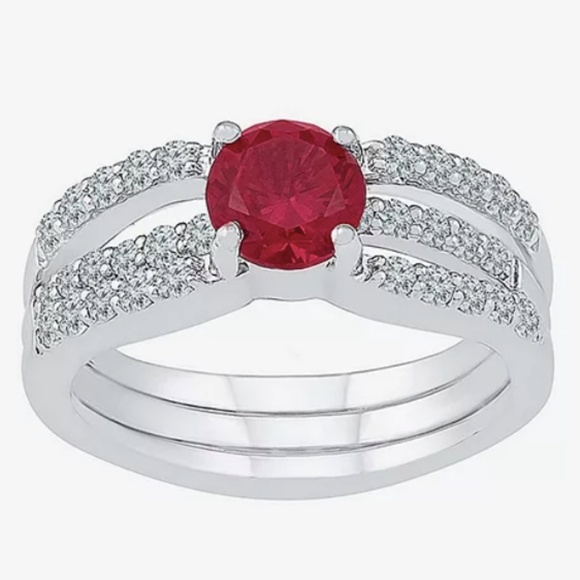 Modern Bride Gemstone Lab Ruby & Lab Sapphire Sterling Silver Bridal Set - Picture 1 of 5